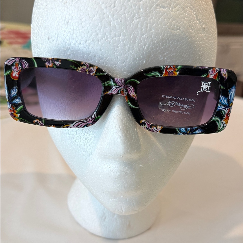 Ed Hardy Black Floral Sunglasses with Purple Lenses